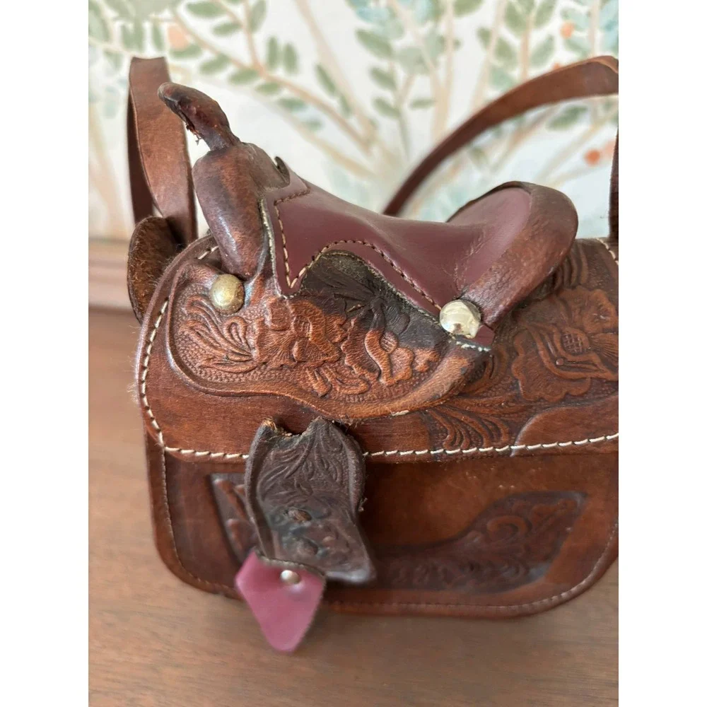 Vintage 70s Tooled Leather Handmade Shearling Horse Saddle Purse Western Bag